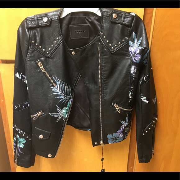 Blank NYC Jackets & Blazers - Black Leather Jacket With Studs And Floral Designs
